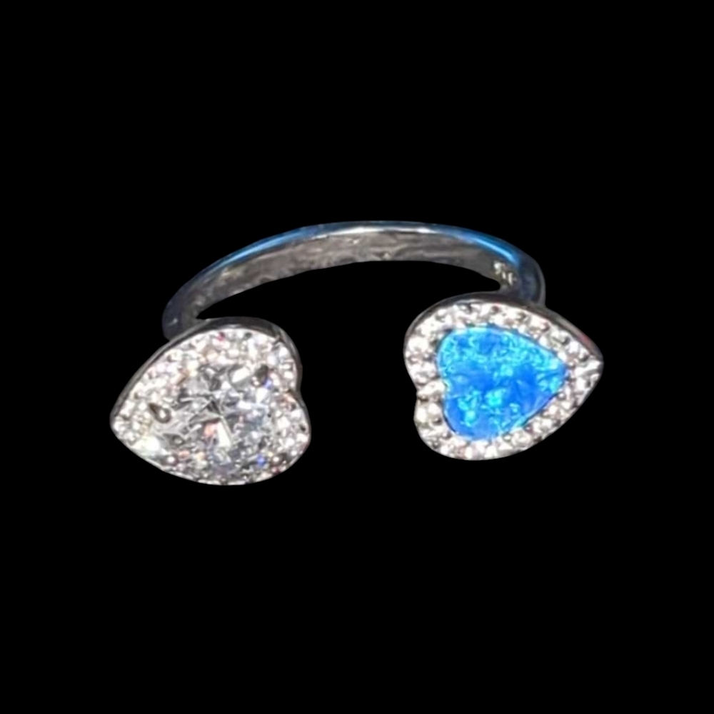 Elegant Sterling Silver Heart Ring with Opal Slice and CZ
